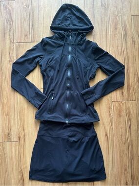 Rae Mode Zip Front Hooded Athletic Jacket & Skort Set (Black)
